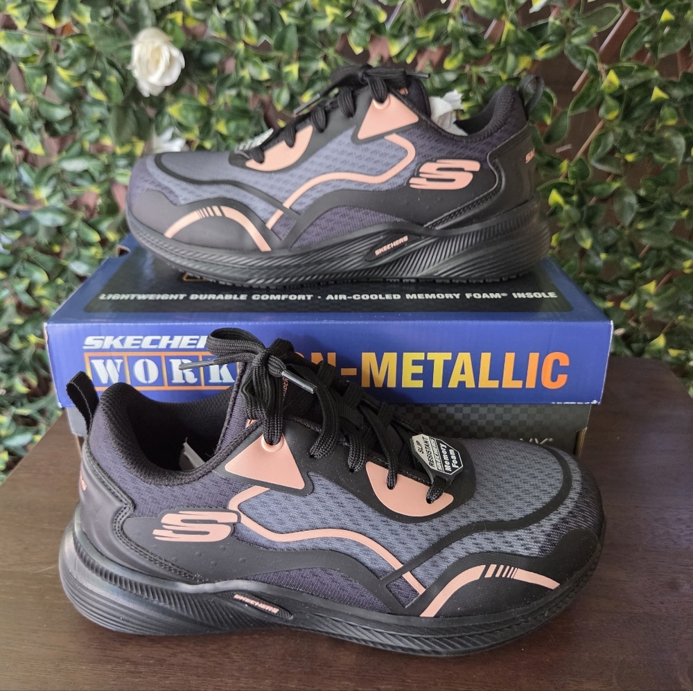 Skechers Carbix Composite Toe Work Sneakers Black Rose Gold Women's Sz 7 EU 37